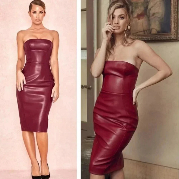 NEW House of CB Saskia Faux Leather Structured Midi Bodycon Dress Wine Red Club - Picture 1 of 7